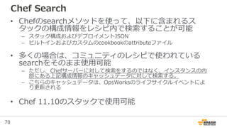 70
Chef Search
• Chefのsearchメソッドを使って、以下に含まれるス
タックの構成情報をレシピ内で検索することが可能
– スタック構成およびデプロイメントJSON
– ビルトインおよびカスタムのcookbookのattributeファイル
• 多くの場合は、コミュニティのレシピで使われている
searchをそのまま使用可能
– ただし、Chefサーバーに対して検索をするのではなく、インスタンスの内
部にある上記構成情報のキャッシュデータに対して検索する。
– こちらのキャッシュデータは、OpsWorksのライフサイクルイベントによ
り更新される
• Chef 11.10のスタックで使用可能
 
