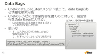 72
Data Bags
• Chefのdata_bag_itemメソッド使って、data bagにあ
る情報を検索可能
• Chefのレシピには作業内容を書くのに対して、設定情
報をData Bagsに入れる。
– Data Bagsの設定を書き換えるだけで
レシピの使い回しが可能
• 使い方
– １．カスタムJSONにdata_bagsの
情報を追加する
– ２．以下のようにレシピ内で検索する
{ "opsworks": {
"data_bags": {
"myapp": {
"mysql": {
"username": "default-user",
"password": "default-pass"
}
}
}
}
}
mything = data_bag_item("myapp", "mysql")
Chef::Log.info("The username is '#{mything['username']}' ")
カスタムJSONへの追加例
 