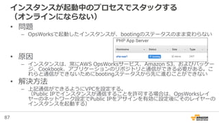 87
インスタンスが起動中のプロセスでスタックする
（オンラインにならない）
• 問題
– OpsWorksで起動したインスタンスが、bootingのステータスのまま変わらない
• 原因
– インスタンスは、常にAWS OpsWorksサービス、Amazon S3、およびパッケー
ジ、Cookbook、アプリケーションのリポジトリと通信ができる必要がある。こ
れらと通信ができないためにbootingステータスから先に進むことができない
• 解決方法
– 上記通信ができるようにVPCを設定する。
（Public IPでインスタンスが通信することを許可する場合は、OpsWorksレイ
ヤーのネットワーク設定でPublic IPをアサインを有効に設定後にそのレイヤーの
インスタンスを起動する）
 