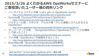 92
2015/3/26 よくわかるAWS OpsWorksセミナーに
ご登壇頂いたユーザー様の資料リンク
• バンダイナムコスタジオ様「Let’s join in OpsWorks world」
– http://www.slideshare.net/s2-nakano/lets-join-in-opsworks-world
• Gunosy様「GunosyのMicroServicesとOpsWorks」
– https://speakerdeck.com/koid/yokuwakaru-aws-opsworks
• バスキュール様 / スタジオ・アルカナ様「テレビ連動システムを支える
OpsWorks」
– http://www.slideshare.net/mayuhamazaki90/20150326-opsworkspublic-fix
• サーバーワークス様：「SimpleWorkflowとOpsWorksでサービスを構築
して解ったこと」
– http://www.slideshare.net/tetsuyachiba/20150326-aws-opsworks
• マナボ様「OpsWorksに今後期待するところ」
– http://www.slideshare.net/fumihikoshiroyama/ops-works
• BrainWars様「BrainWarsのOpsWorks活用事例」
– http://www.slideshare.net/matsukaz/brain-warsopsworks
AWS SAブログ：「よくわかるAWS OpsWorks」セミナー資料公開
http://aws.typepad.com/sajp/2015/04/opsworks-seminar-material.html
 