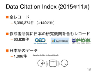 Data Citation Index (2015年11月)
n 全レコード
– 5,390,374件（+140万件）
n 作成者所属に日本の研究機関を含むレコード
– 63,639件
n 日本語のデータ
– 1,086件
16
 