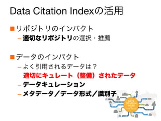 Data Citation Indexの活用
n リポジトリのインパクト
– 適切なリポジトリの選択・推薦
n データのインパクト
– よく引用されるデータは？
– データキュレーション
– メタデータ／データ形式／識別子
適切にキュレート（整備）されたデータ
 