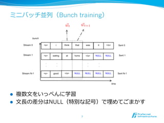 ミニバッチ並列列（Bunch training）
l  複数⽂文をいっぺんに学習
l  ⽂文⻑⾧長の差分はNULL（特別な記号）で埋めてごまかす
7	
 