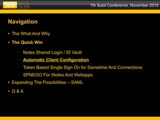 7th Sutol Conference, November 2015
Navigation
● The What And Why
● The Quick Win
– Notes Shared Login / ID Vault
– Automatic Client Configuration
– Token Based Single Sign On for Sametime And Connections
– SPNEGO For iNotes And Webapps
● Expanding The Possibilities – SAML
● Q & A
 
