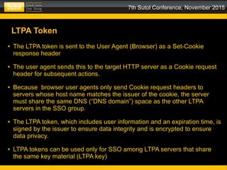 7th Sutol Conference, November 2015
LTPA Token
● The LTPA token is sent to the User Agent (Browser) as a Set-Cookie
response header
● The user agent sends this to the target HTTP server as a Cookie request
header for subsequent actions.
● Because browser user agents only send Cookie request headers to
servers whose host name matches the issuer of the cookie, the server
must share the same DNS (“DNS domain”) space as the other LTPA
servers in the SSO group.
● The LTPA token, which includes user information and an expiration time, is
signed by the issuer to ensure data integrity and is encrypted to ensure
data privacy.
● LTPA tokens can be used only for SSO among LTPA servers that share
the same key material (LTPA key)
 