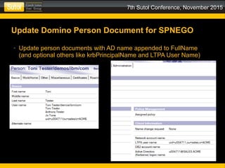 7th Sutol Conference, November 2015
Update Domino Person Document for SPNEGO
● Update person documents with AD name appended to FullName
(and optional others like krbPrincipalName and LTPA User Name)
 
