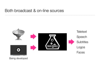 Both broadcast & on-line sources
Teletext
Speech
Subtitles
Logos
Faces
Being developed
 