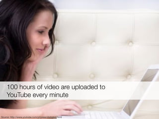 Source: http://www.youtube.com/yt/press/statistics.html
100 hours of video are uploaded to
YouTube every minute
 
