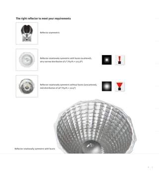Reflector asymmetric
Reflector rotationally symmetric with facets (scattered),
very narrow distribution of 7° (Y50% = 2x3,6°)
Reflector rotationally symmetric without facets (unscattered),
mid-distribution of 26° (Y50% = 2x13°)
The right reflector to meet your requirements
Reflector rotationally symmetric with facets
. 76
 