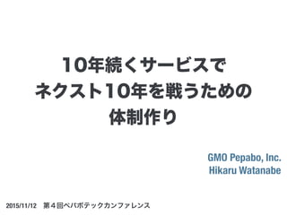 GMO Pepabo, Inc.
Hikaru Watanabe
2015/11/12 第４回ペパボテックカンファレンス
10年続くサービスで
ネクスト10年を戦うための
体制作り
 