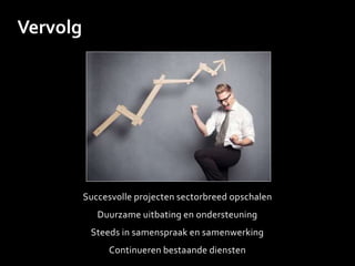 Succesvolle projecten sectorbreed opschalen
Duurzame uitbating en ondersteuning
Steeds in samenspraak en samenwerking
Continueren bestaande diensten
Vervolg
 