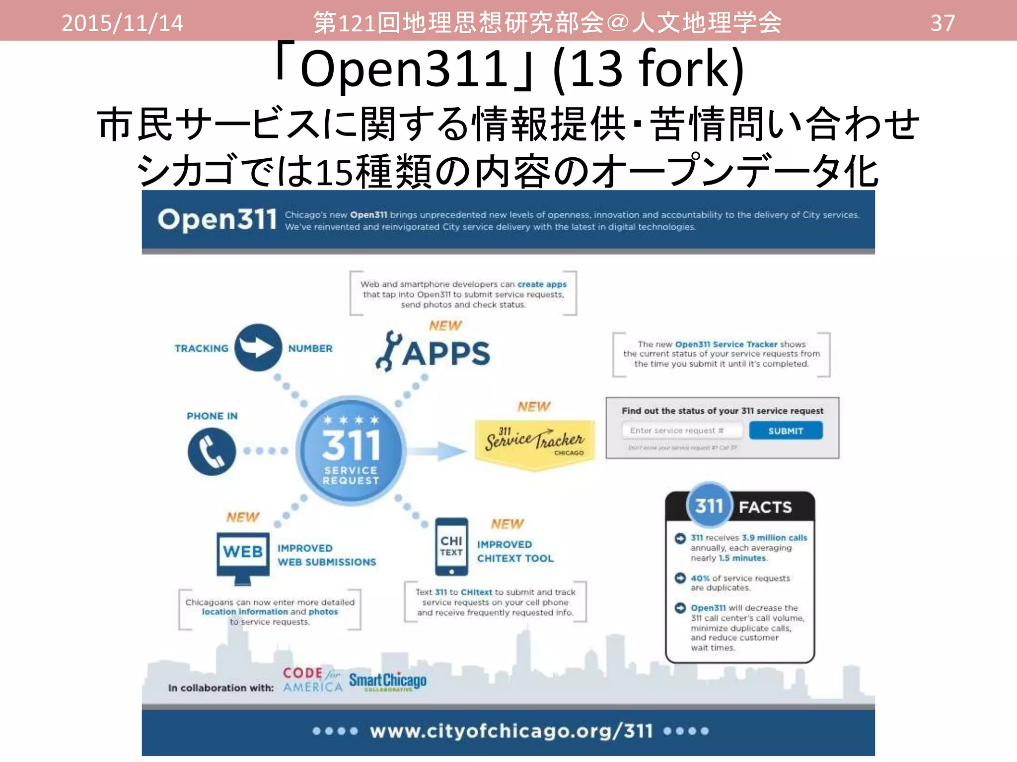 2015/11/14 第121回地理思想研究部会＠人文地理学会 37
「Open311」 (13 fork)
市民サービスに関する情報提供・苦情問い合わせ
シカゴでは15種類の内容のオープンデータ化
 