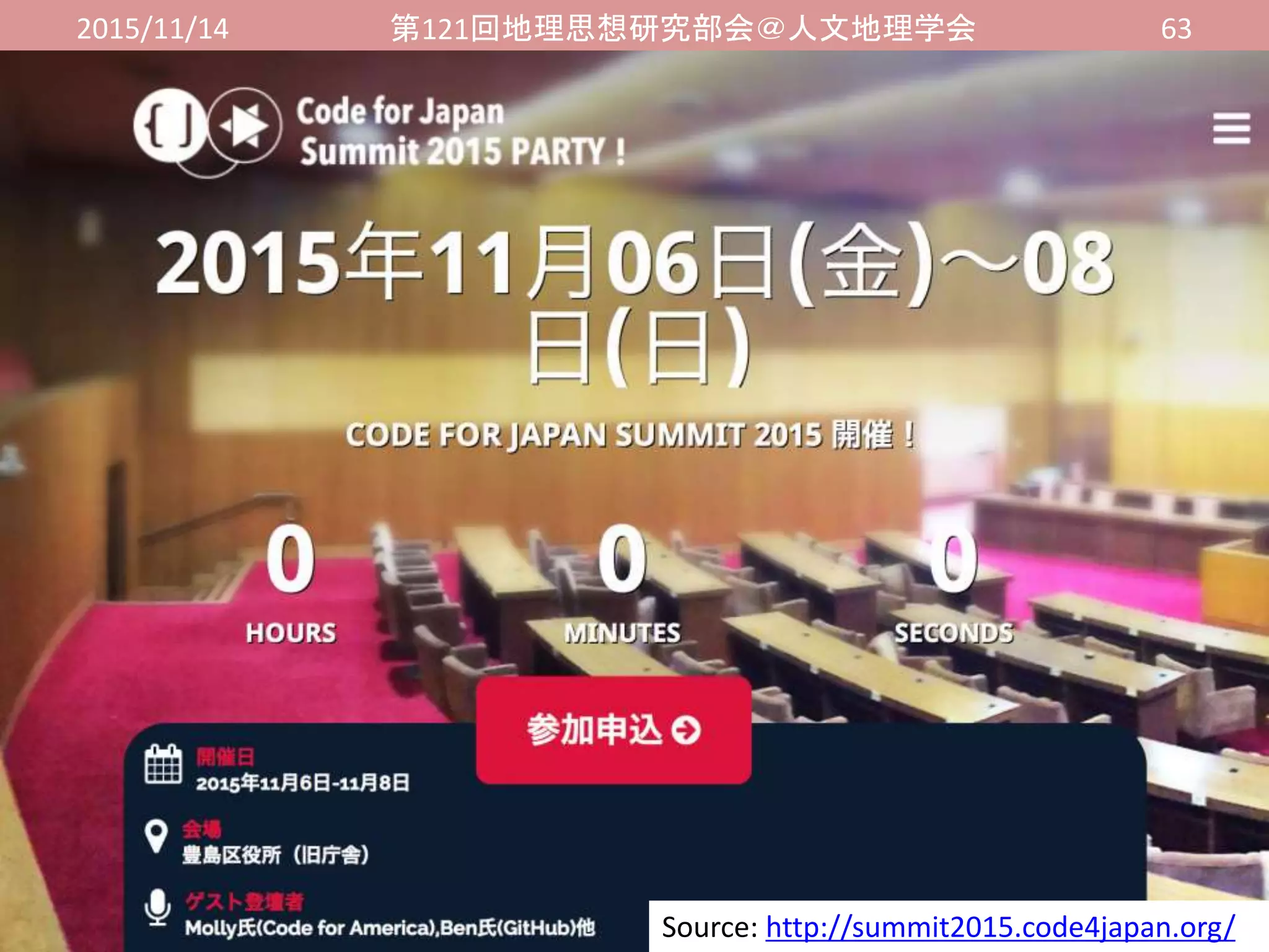 2015/11/14 第121回地理思想研究部会＠人文地理学会 63
Source: http://summit2015.code4japan.org/
 