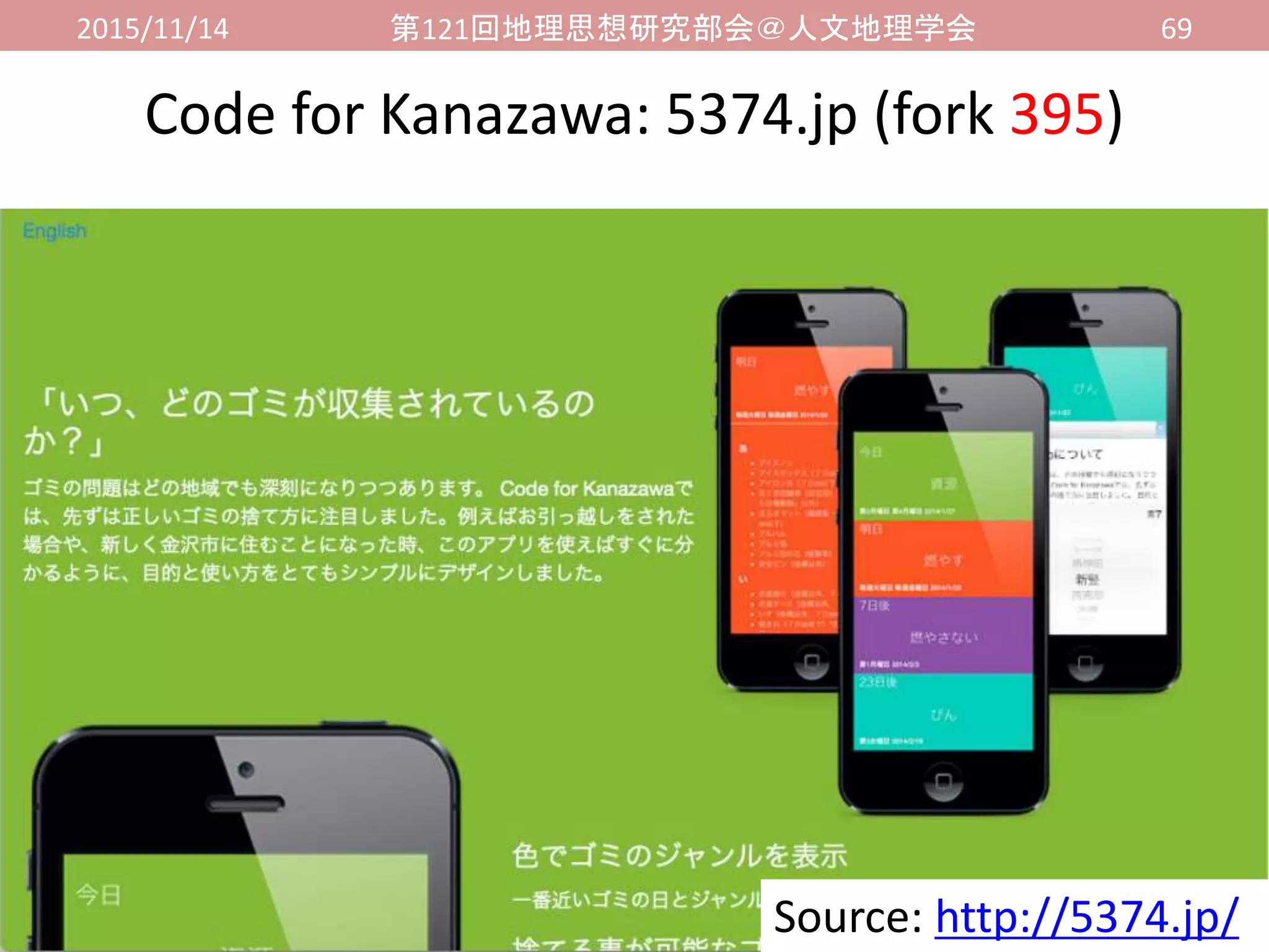 2015/11/14 第121回地理思想研究部会＠人文地理学会 69
Source: http://5374.jp/
Code for Kanazawa: 5374.jp (fork 395)
 