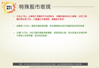 警語：本文提及之經濟走勢預測不必然代表基金之績效，基金投資風險請參閱基金公開說明書
Copyright	
  ©	
  2014	
  Ezfunds	
  Securi:es	
  Investment	
  Consul:ng	
  Enterprise	
  Ltd.
特殊股市表現
•  日本(1.7%)：企業第三季獲利平均成長8％，日圓貶值有利出口產業，10月工具
機訂單成長7.5%，大幅優於市場預期，激勵股市表現。
•  俄羅斯(-4.6%)：國際油價跌幅明顯，與油價連動性高的俄羅斯股指受到拖累。
•  台灣(-4.2%)：MSCI重新調整指數權重，提高陸股比重，對台股產生排擠效果，
市場信心受到影響，股指相對疲軟。


 