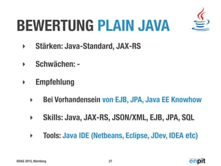 DOAG 2015, Nürnberg
BEWERTUNG PLAIN JAVA
‣ Stärken: Java-Standard, JAX-RS
‣ Schwächen: -
‣ Empfehlung
‣ Bei Vorhandensein von EJB, JPA, Java EE Knowhow
‣ Skills: Java, JAX-RS, JSON/XML, EJB, JPA, SQL
‣ Tools: Java IDE (Netbeans, Eclipse, JDev, IDEA etc)
27
 