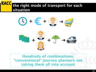 20
the right mode of transport for each
situation
Hundreds of combinations:
“conventional” journey planners not
taking them all into account
 