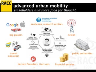 advanced urban mobility
stakeholders and more food for thought
big players
transit
operators
public authorities
telcos
financial entitiesService Providers, start-ups,
…
academia, research centres
 