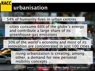 urbanisation
MIT Technology Review January / February 2015 Business Report (Transportation) “Cities get
smarter”
 54% of humanity lives in urban centres
 cities consume 66% of the globe’s energy
and contribute a large share of its
greenhouse-gas emissions
 30% of the world’s economy and most of its
innovation are concentrated in just 100 cities
 rising urbanization is creating, among
other, a demand for new personal
mobility concepts…
MIT January / February 2015 Business Report “Cities get smarter”
 