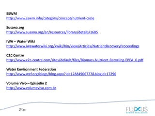 Sites
SSWM
http://www.sswm.info/category/concept/nutrient-cycle
Susana.org
http://www.susana.org/en/resources/library/details/1685
IWA – Water Wiki
http://www.iwawaterwiki.org/xwiki/bin/view/Articles/NutrientRecoveryProceedings
C2C Centre
http://www.c2c-centre.com/sites/default/files/Biomass-Nutrient-Recycling-EPEA_0.pdf
Water Environment Federation
http://www.wef.org/blogs/blog.aspx?id=12884906777&blogid=17296
Volume Vivo – Episodio 2
http://www.volumevivo.com.br
 