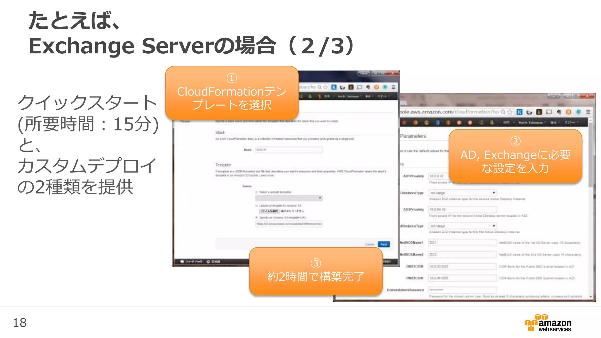 18
クイックスタート
(所要時間：15分)
と、
カスタムデプロイ
の2種類を提供
たとえば、
Exchange Serverの場合（２/3）
①
CloudFormationテン
プレートを選択
②
AD, Exchangeに必要
な設定を入力
③
約2時間で構築完了
 