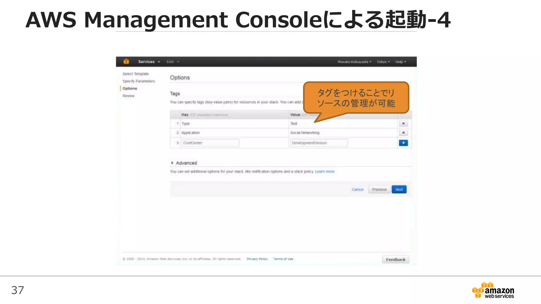 37
タグをつけることでリ
ソースの管理が可能
AWS Management Consoleによる起動-4
 