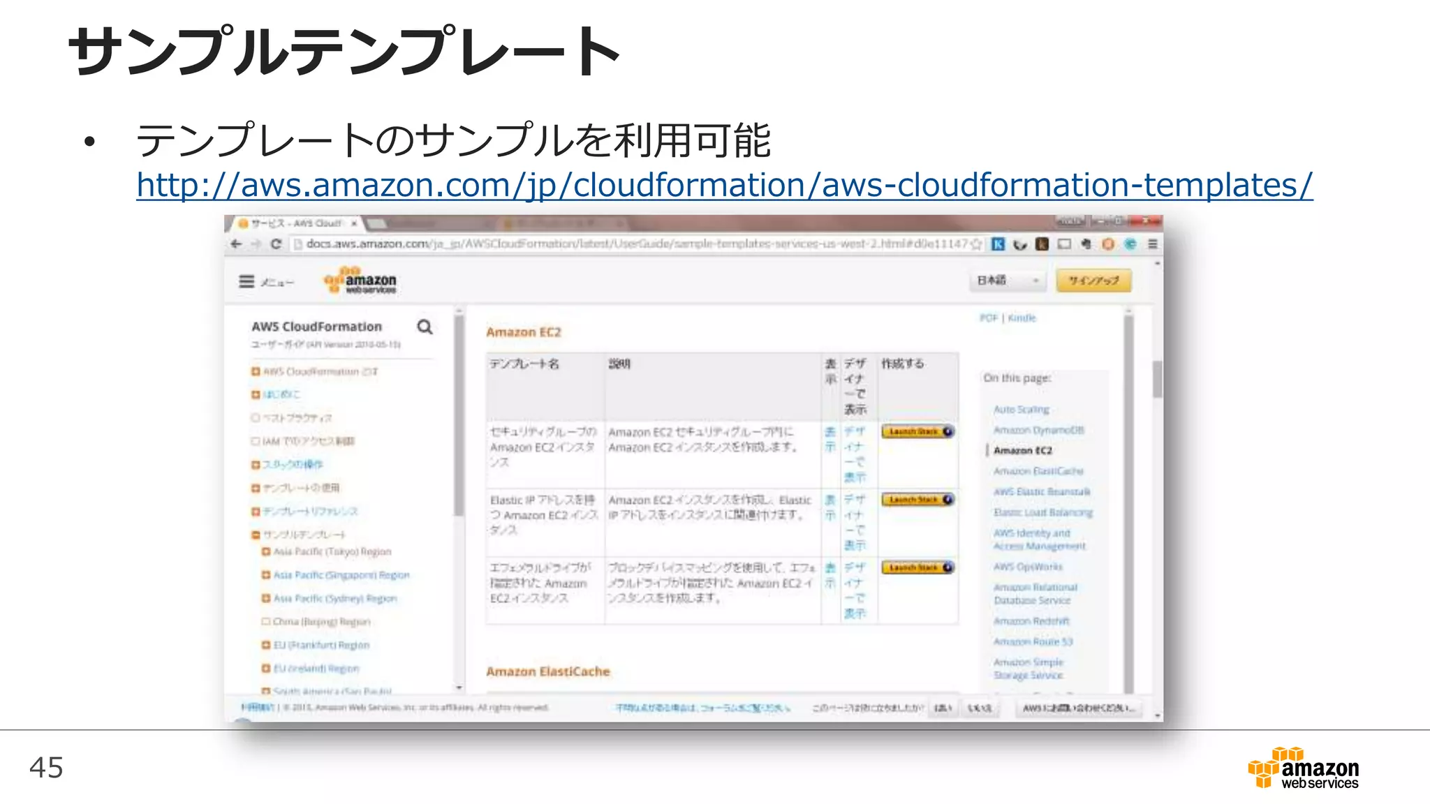 45
サンプルテンプレート
• テンプレートのサンプルを利用可能
http://aws.amazon.com/jp/cloudformation/aws-cloudformation-templates/
 