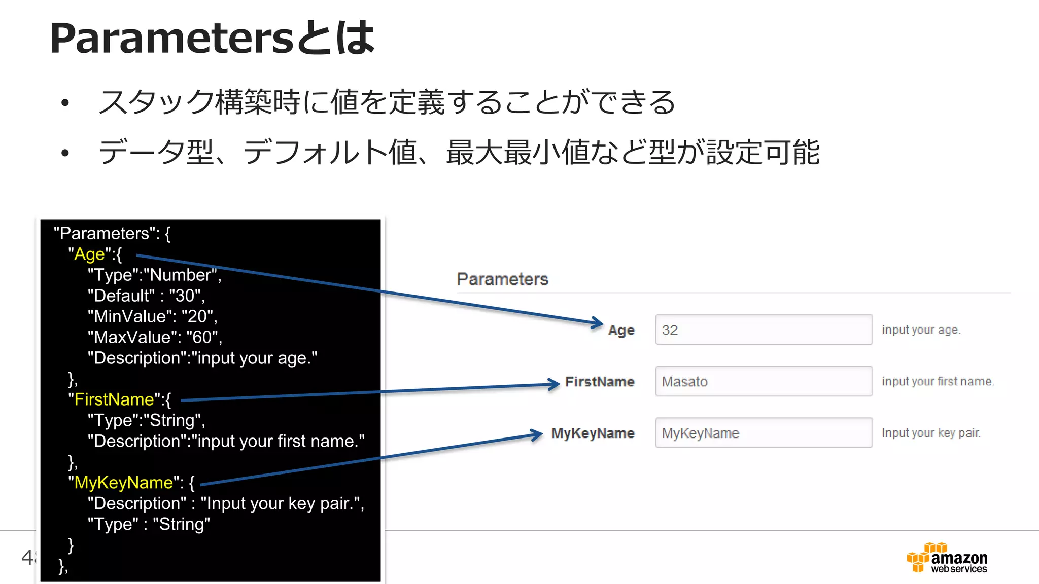 48
"Parameters": {
"Age":{
"Type":"Number",
"Default" : "30",
"MinValue": "20",
"MaxValue": "60",
"Description":"input your age."
},
"FirstName":{
"Type":"String",
"Description":"input your first name."
},
"MyKeyName": {
"Description" : "Input your key pair.",
"Type" : "String"
}
},
Parametersとは
• スタック構築時に値を定義することができる
• データ型、デフォルト値、最大最小値など型が設定可能
 