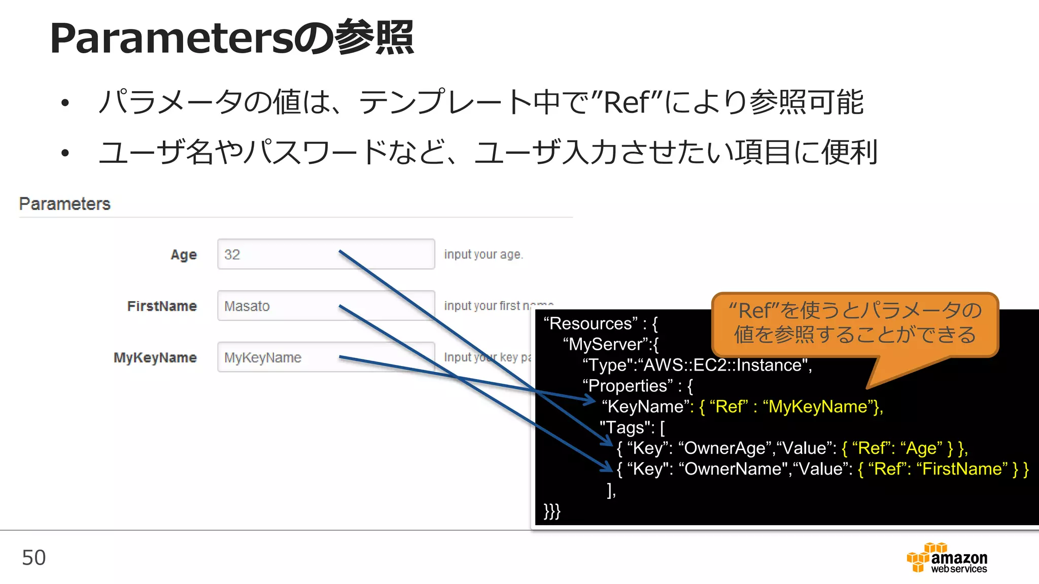 50
“Resources” : {
“MyServer”:{
“Type":“AWS::EC2::Instance",
“Properties” : {
“KeyName”: { “Ref” : “MyKeyName”},
"Tags": [
{ “Key”: “OwnerAge”,“Value”: { “Ref”: “Age” } },
{ “Key": “OwnerName",“Value”: { “Ref”: “FirstName” } }
],
}}}
“Ref”を使うとパラメータの
値を参照することができる
Parametersの参照
• パラメータの値は、テンプレート中で”Ref”により参照可能
• ユーザ名やパスワードなど、ユーザ入力させたい項目に便利
 