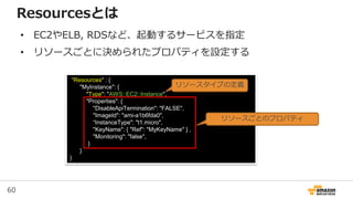 60
“Resources" : {
"MyInstance": {
"Type": "AWS::EC2::Instance",
"Properties": {
"DisableApiTermination": "FALSE",
"ImageId": "ami-a1b6fda0",
“InstanceType": "t1.micro",
"KeyName": { "Ref": "MyKeyName" } ,
"Monitoring": "false",
}
}
}
• EC2やELB, RDSなど、起動するサービスを指定
• リソースごとに決められたプロパティを設定する
Resourcesとは
リソースタイプの定義
リソースごとのプロパティ
 