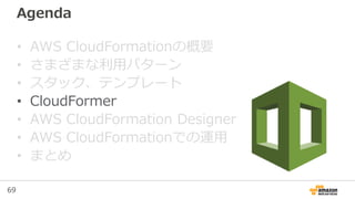 69
Agenda
• AWS CloudFormationの概要
• さまざまな利用パターン
• スタック、テンプレート
• CloudFormer
• AWS CloudFormation Designer
• AWS CloudFormationでの運用
• まとめ
 
