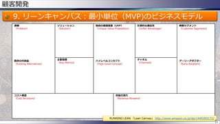 顧客開発
9. リーンキャンバス：最小単位（MVP)のビジネスモデル
課題
（Problem）
既存の代替品
（Existing Alternatives）
ソリューション
（Solution）
独自の価値提案（UVP）
（Unique Value Proposition）
ハイレベルコンセプト
（High-Level Concept）
圧倒的な優位性
（Unfair Advantage）
顧客セグメント
（Customer Segments）
アーリーアダプター
（Early Adopters）
主要指標
（Key Metrics）
チャネル
（Channels）
コスト構造
（Cost Structure）
収益の流れ
（Revenue Streams）
19
RUNNING LEAN 「Lean Canvas」 http://www.amazon.co.jp/dp/1449305172/
 
