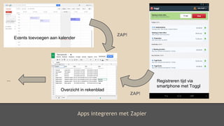 Apps integreren met Zapier
ZAP!
ZAP!
Events toevoegen aan kalender
Registreren tijd via
smartphone met Toggl
Overzicht in rekenblad
...
 