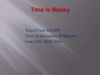Travel Cost: $10,000
Time of discussion 50 Minutes
Cost/Min: $200/Min
 