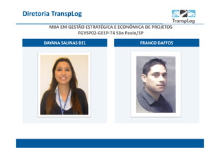 TÍTULO TÍTULO
Diretoria TranspLog
MBA EM GESTÃO ESTRATÉGICA E ECONÔMICA DE PROJETOS
FGVSP02-GEEP-T4 São Paulo/SP
DAYANA SALINAS DEL FRANCO DAFFOS
 