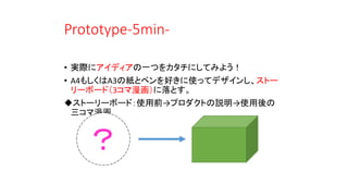 Prototype-5min-
• 実際にアイディアの一つをカタチにしてみよう！
• A4もしくはA3の紙とペンを好きに使ってデザインし、ストー
リーボード（3コマ漫画）に落とす。
ストーリーボード：使用前→プロダクトの説明→使用後の
三コマ漫画
？
 