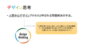 デザイン思考
• 人間中心デザインプロセスと呼ばれる問題解決の手法。
「人間が常に中心にあり、より人間らしい生活を構想
し、それを実現するためにデザインの力を使う。
人類にとって、より良い生活はなにか？」
 