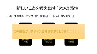 新しいことを考え出す「6つの感性」
• 著 ダニエル・ピンク 訳 大前研一 『ハイ・コンセプト』
機能だけでなく
「デザイン」
モノよりも
「意義」
まじめだけでなく
「遊び心」
論理ではなく
「共感」
個別よりも
「全体の調
和」
議論よりも
「物語」
 