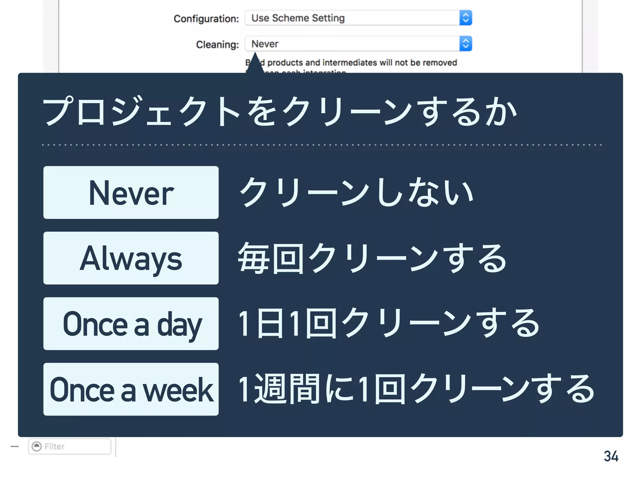34
プロジェクトをクリーンするか
Never クリーンしない
Always 毎回クリーンする
Onceaday 1日1回クリーンする
Onceaweek 1週間に1回クリーンする
 