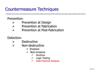 Countermeasure Techniques
slide 6
Prevention:
 Prevention at Design
 Prevention at Fabrication
 Prevention at Post-Fabr...