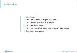 © 11
SOMMAIRESommaire
1. Introduction
2. Data lake: le décor et de quoi parle-t-on ?
3. Data lake : les promesses et les risques
4. Data lake : cas d’usages
5. Data Lake : démarche, pièges à éviter, retours d’expérience
6. Data Lake : pour avancer
 