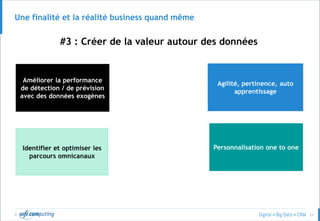 © 21
Une finalité et la réalité business quand même
Améliorer la performance
de détection / de prévision
avec des données exogènes
Agilité, pertinence, auto
apprentissage
Personnalisation one to oneIdentifier et optimiser les
parcours omnicanaux
#3 : Créer de la valeur autour des données
 