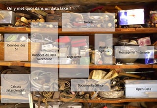 © 24
On y met quoi dans un data lake ?
Données des
SI
Données du Data
Warehouse
Tweets
Assets
digitaux
Logs webs
Open Data
Documents Office
Messagerie historisée
Calculs
datascientists
 