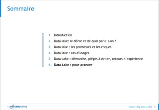 © 47
SOMMAIRESommaire
1. Introduction
2. Data lake: le décor et de quoi parle-t-on ?
3. Data lake : les promesses et les risques
4. Data lake : cas d’usages
5. Data Lake : démarche, pièges à éviter, retours d’expérience
6. Data Lake : pour avancer
 