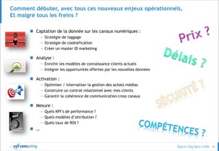 © 48
Comment débuter, avec tous ces nouveaux enjeux opérationnels,
Et malgré tous les freins ?
 Captation de la donnée sur les canaux numériques :
– Stratégie de taggage
– Stratégie de cookiefication
– Créer un master ID marketing
 Analyse :
– Enrichir les modèles de connaissance clients actuels
– Intégrer les opportunités offertes par les nouvelles données
 Activation :
– Optimiser / internaliser la gestion des achats médias
– Construire un contrat relationnel avec mes clients
– Garantir la cohérence de communication cross canaux
 Mesure :
– Quels KPI’s de performance ?
– Quels modèles d’attribution ?
– Quels taux de ROI ?
 …
 
