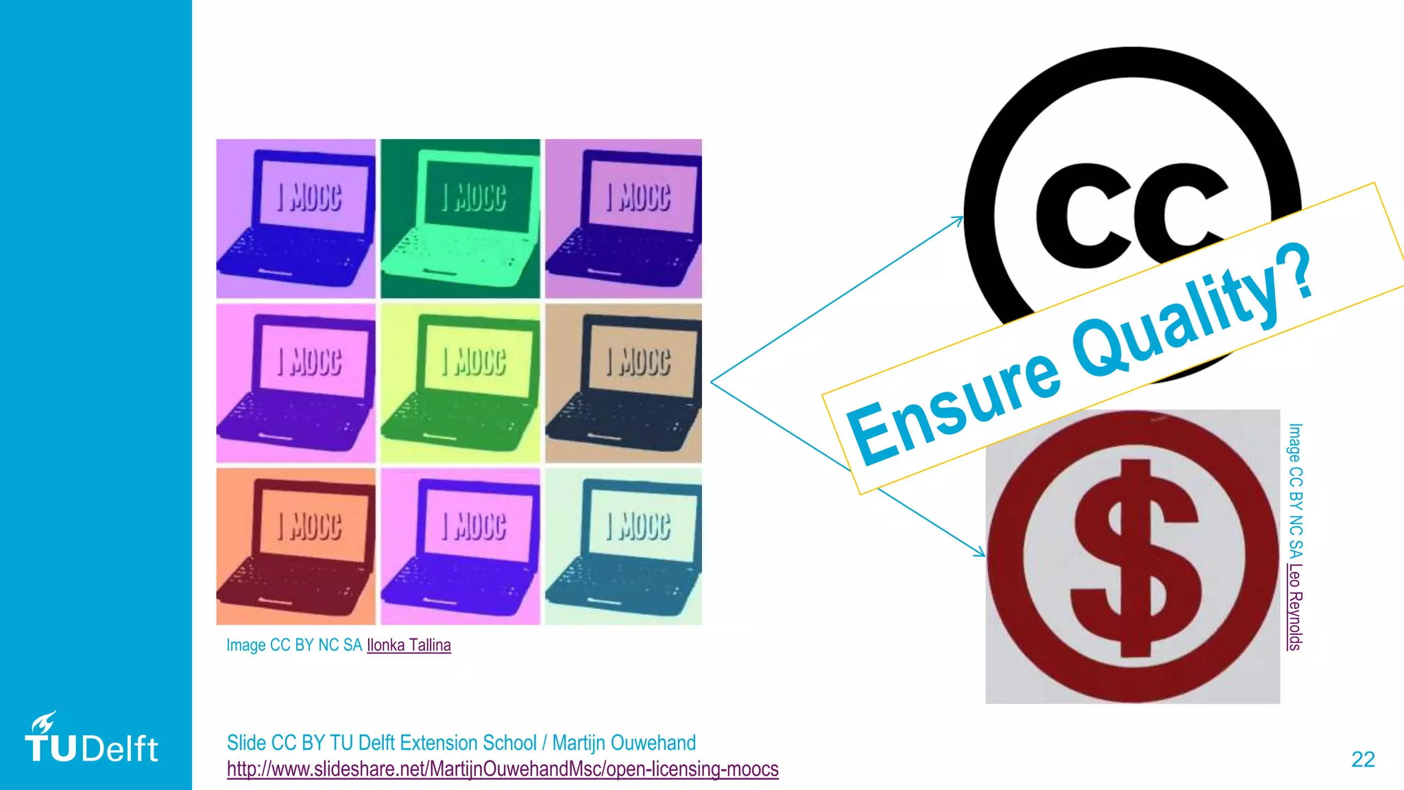 22
Image CC BY NC SA Ilonka Tallina
ImageCCBYNCSALeoReynolds
Slide CC BY TU Delft Extension School / Martijn Ouwehand
http://www.slideshare.net/MartijnOuwehandMsc/open-licensing-moocs
 