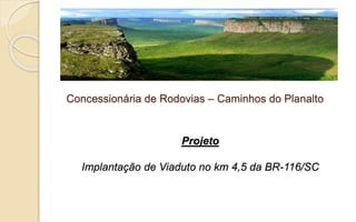 Concessionária de Rodovias – Caminhos do Planalto
Projeto
Implantação de Viaduto no km 4,5 da BR-116/SC
 
