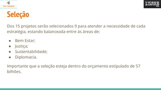 Seleção
Dos 15 projetos serão selecionados 9 para atender a necessidade de cada
estratégia, estando balanceada entre às áreas de:
● Bem Estar;
● Justiça;
● Sustentabilidade;
● Diplomacia.
Importante que a seleção esteja dentro do orçamento estipulado de 57
bilhões.
 