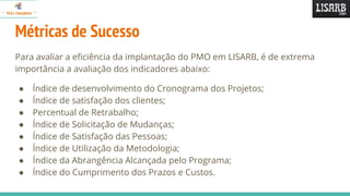 Métricas de Sucesso
Para avaliar a eficiência da implantação do PMO em LISARB, é de extrema
importância a avaliação dos indicadores abaixo:
● Índice de desenvolvimento do Cronograma dos Projetos;
● Índice de satisfação dos clientes;
● Percentual de Retrabalho;
● Índice de Solicitação de Mudanças;
● Índice de Satisfação das Pessoas;
● Índice de Utilização da Metodologia;
● Índice da Abrangência Alcançada pelo Programa;
● Índice do Cumprimento dos Prazos e Custos.
 