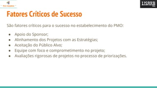 Fatores Críticos de Sucesso
São fatores críticos para o sucesso no estabelecimento do PMO:
● Apoio do Sponsor;
● Alinhamento dos Projetos com as Estratégias;
● Aceitação do Público Alvo;
● Equipe com foco e comprometimento no projeto;
● Avaliações rigorosas de projetos no processo de priorizações.
 
